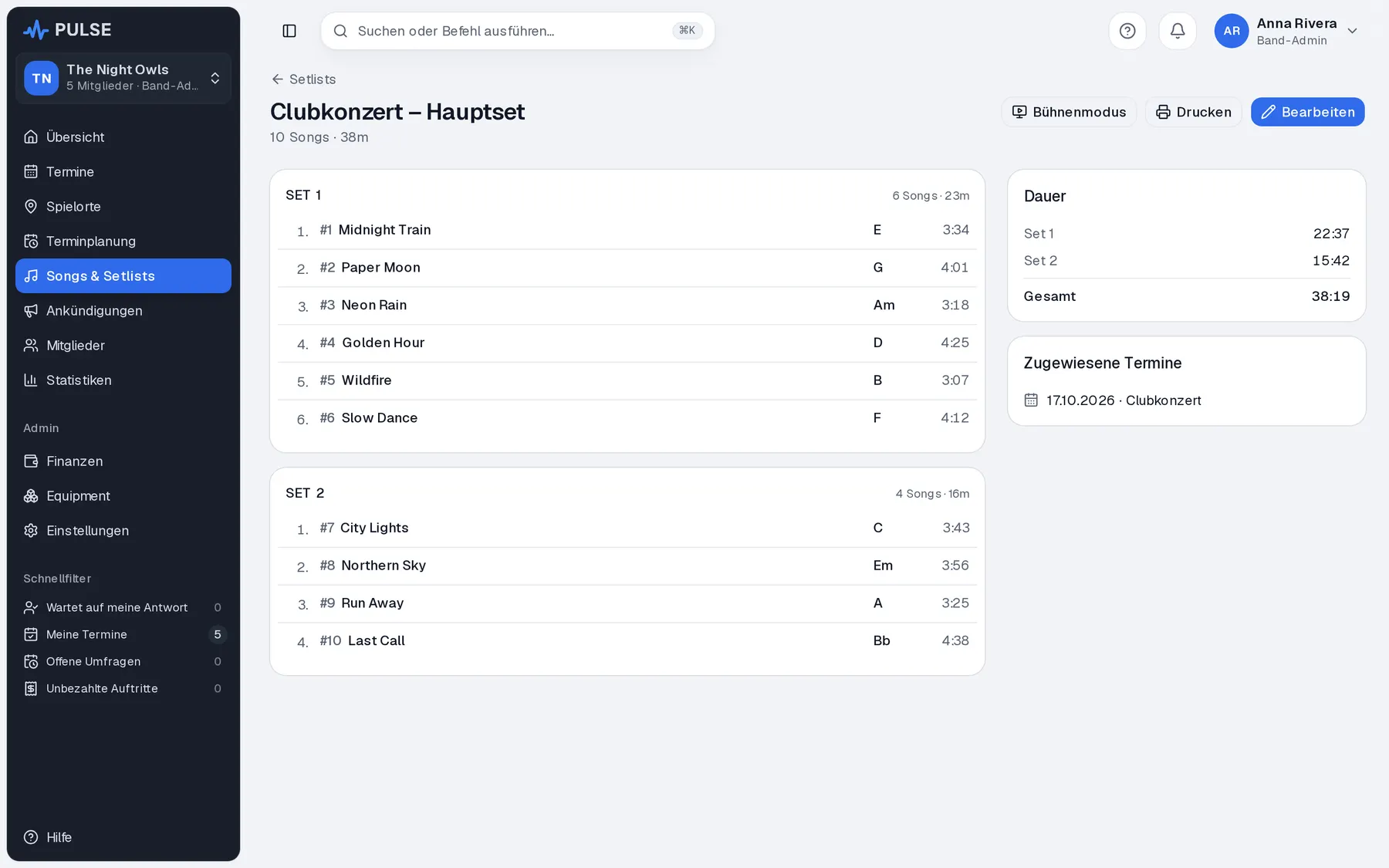 Songs und Setlists