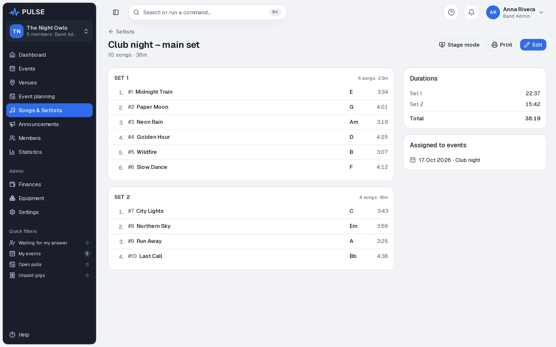 Songs and setlists